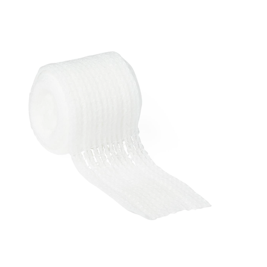 A roll of Medline Nonsterile Conforming Stretch Gauze Bandages is partially unrolled, showing its thin, textured, and slightly transparent material against a plain white background.